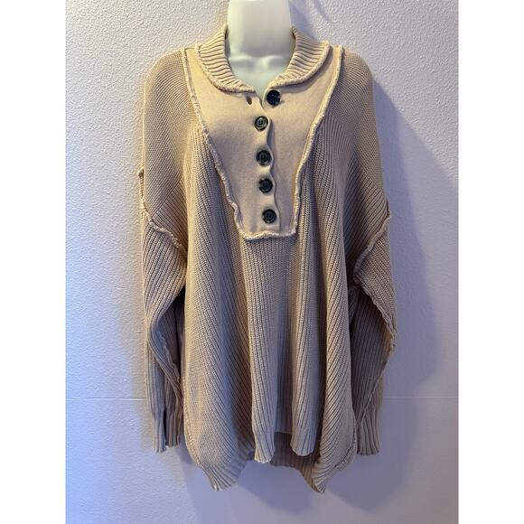 Free People Maggie Oversized Henley Sweater Beige Boho Chunky Knit Size L - Picture 2 of 6